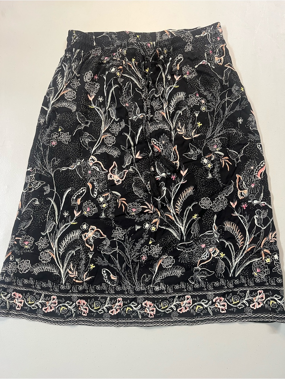 Christopher & Banks Black Floral Midi Skirt Tassel Tie Boho Rayon Size M